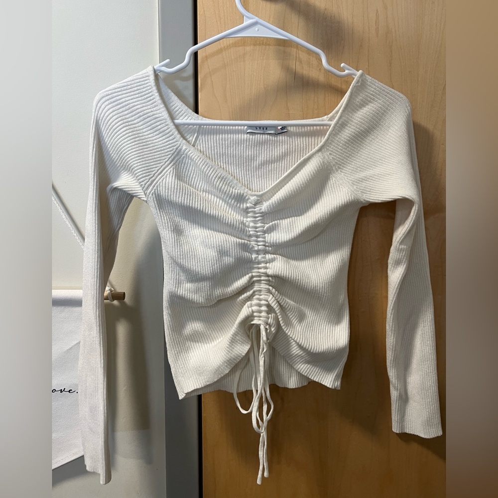 white cropped long sleeve with tie